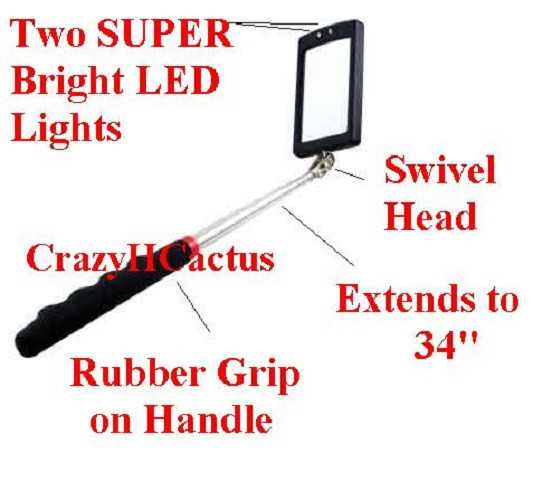 LED Extendable Telescoping 34" Inspection SQUARE Mirror W/2 SUPER BRIGHT LEDs!