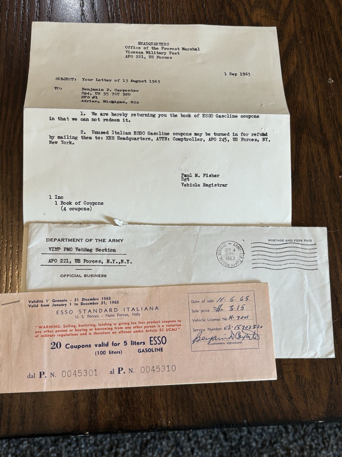 VINTAGE 1963  ESSO-NATO military Gas Coupon ￼U.S /NATO forces ￼ITALY (5liters)