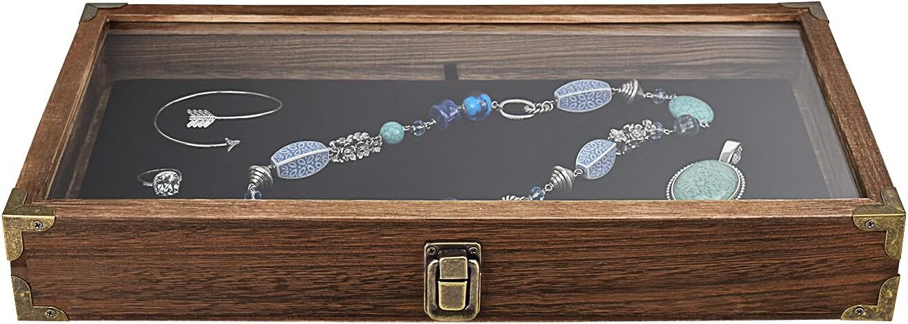 Gun Display Case Brown Wood Handgun Pistol Revolver Glass Lock Knife Shadow Box