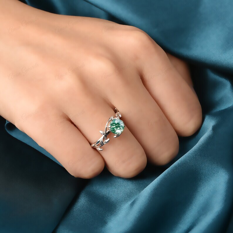 Natural Moss Agate Leaf Ring Sterling Silver Ring Engagement Ring Nature Ring