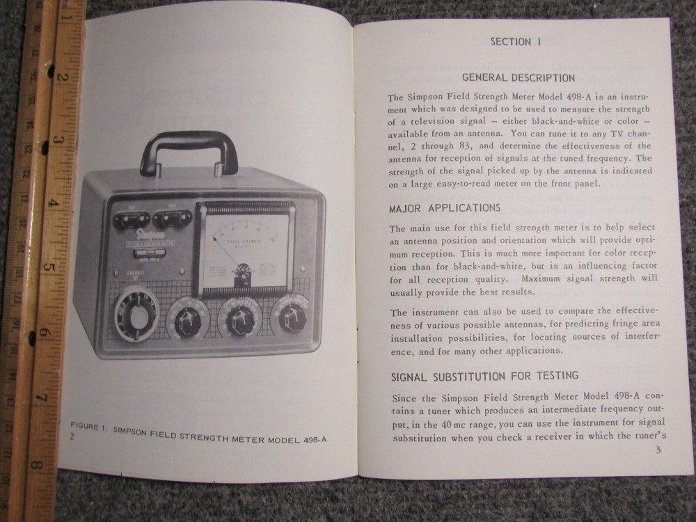 Simpson Field Strength Meter Model 498A Operator's Manual ~ c. 1958 ~ Original