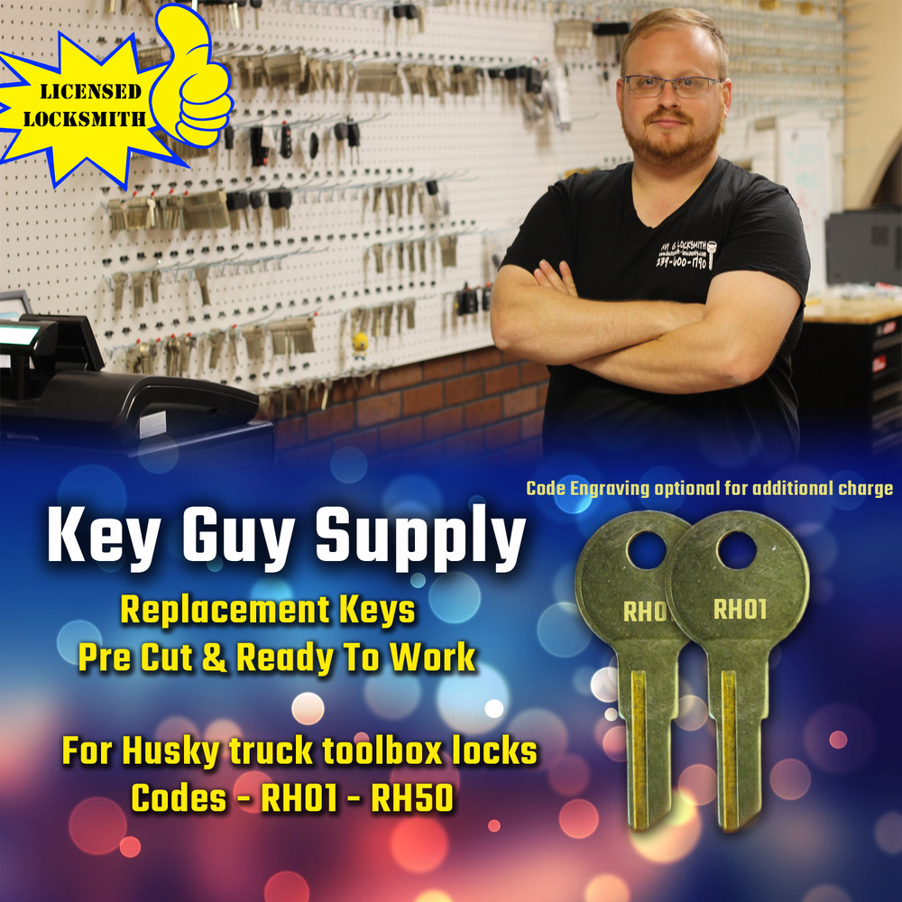 RH1-RH50 Replacement Key For Husky Truck tool boxes. Pre cut to code. Locksmith.