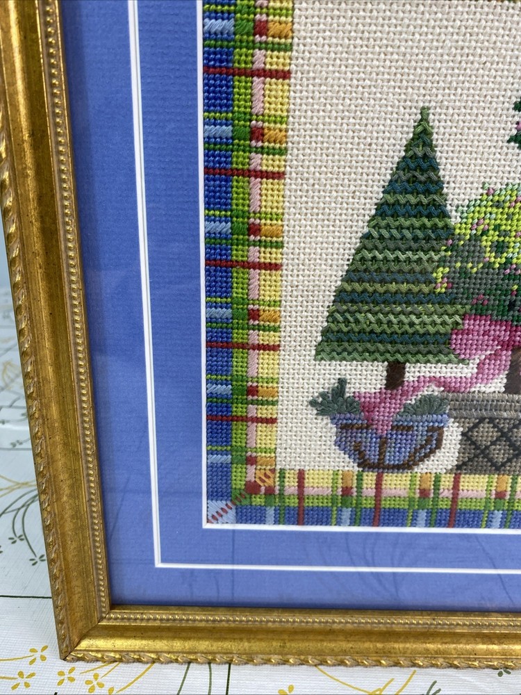 Needlepoint Topiaries Trees Framed Embroidery 2008 Excellent Condition