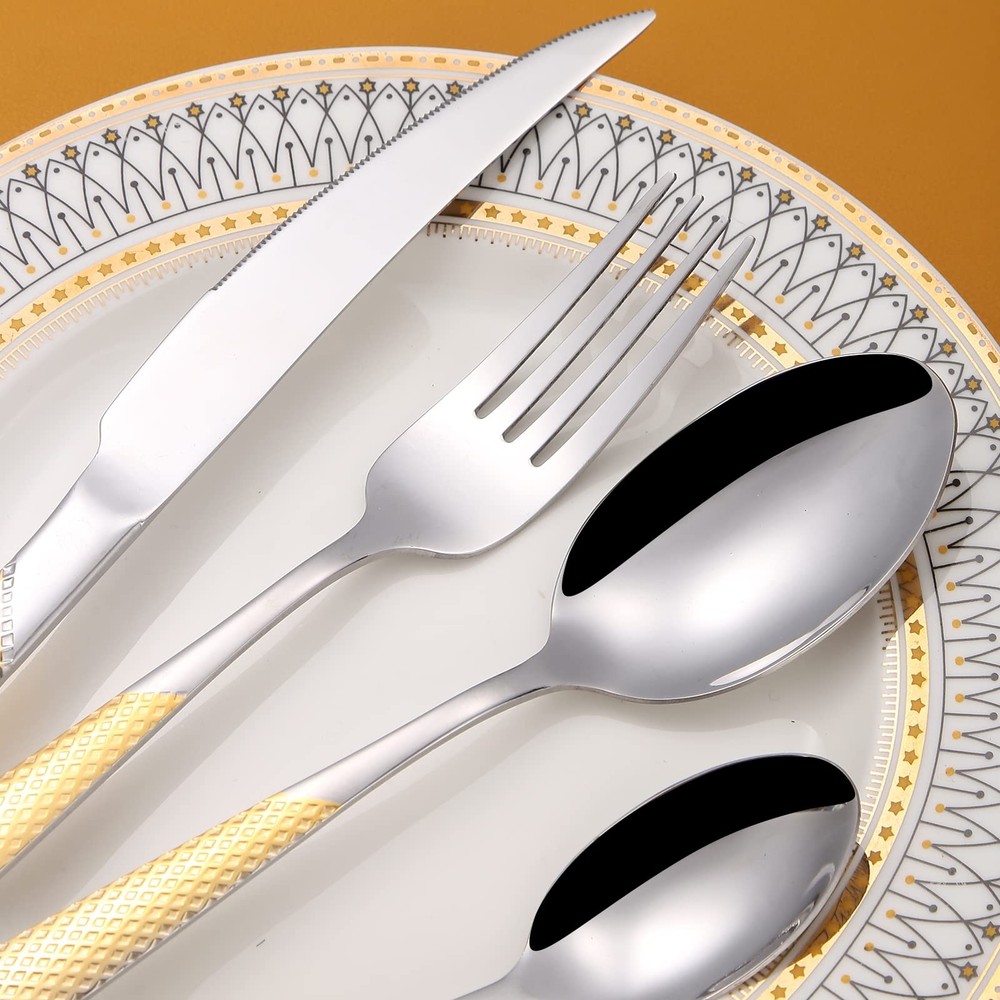 Gold Silver Hammered Silverware Set for 4 Stainless Steel Flatware