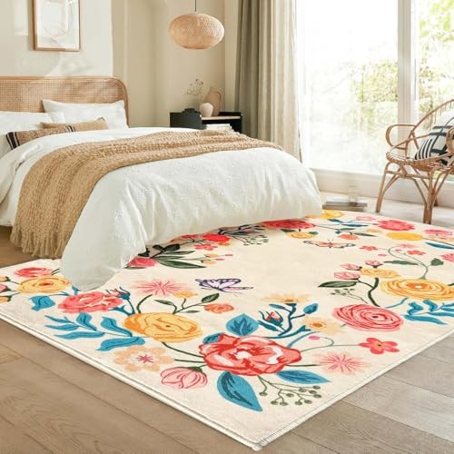 Rugs for Living Room Area Rug 6x9, Large Carpet Non Slip Floral Low Pile Soft