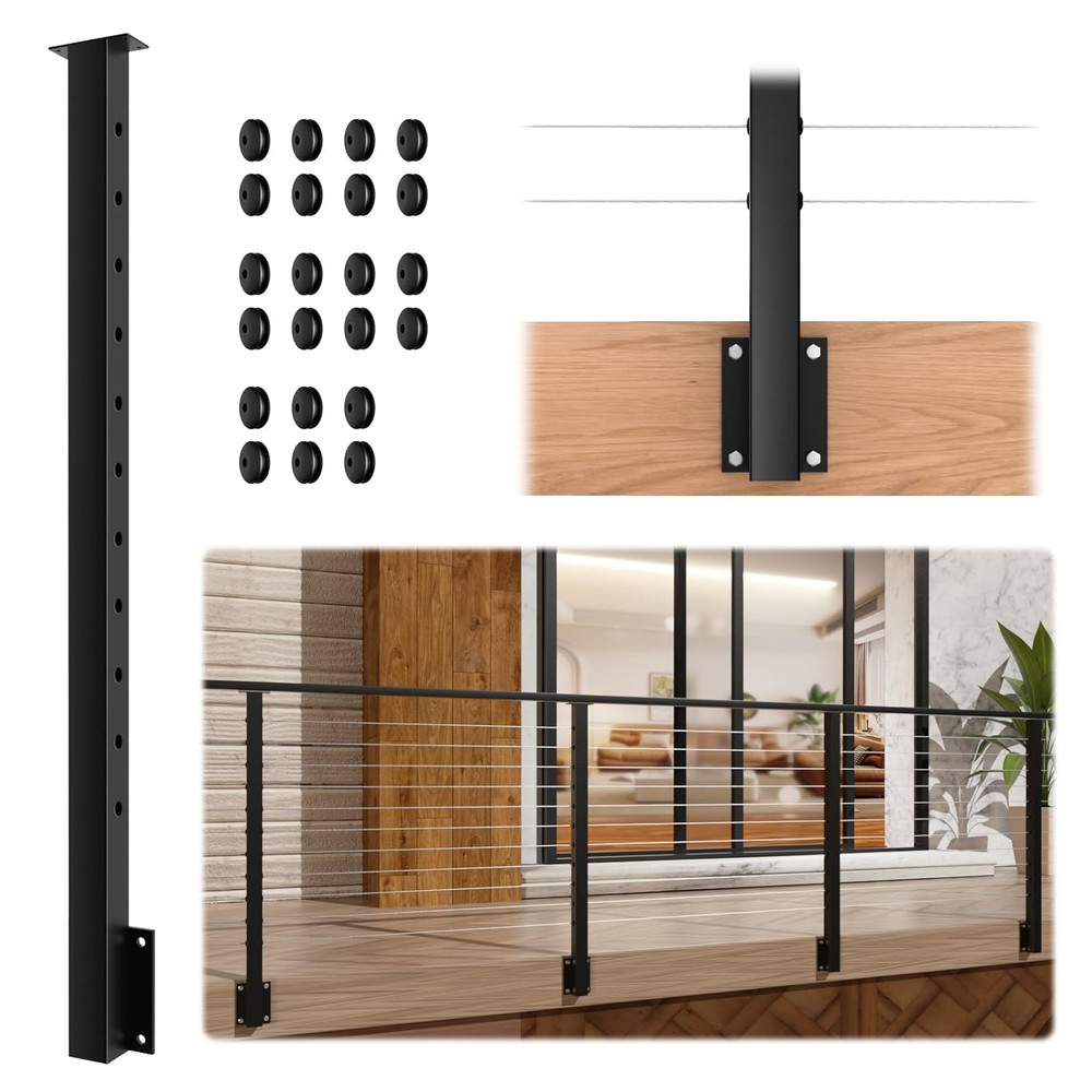36" Side Mount Cable Railing Post - Stainless Steel Deck Kit, Black