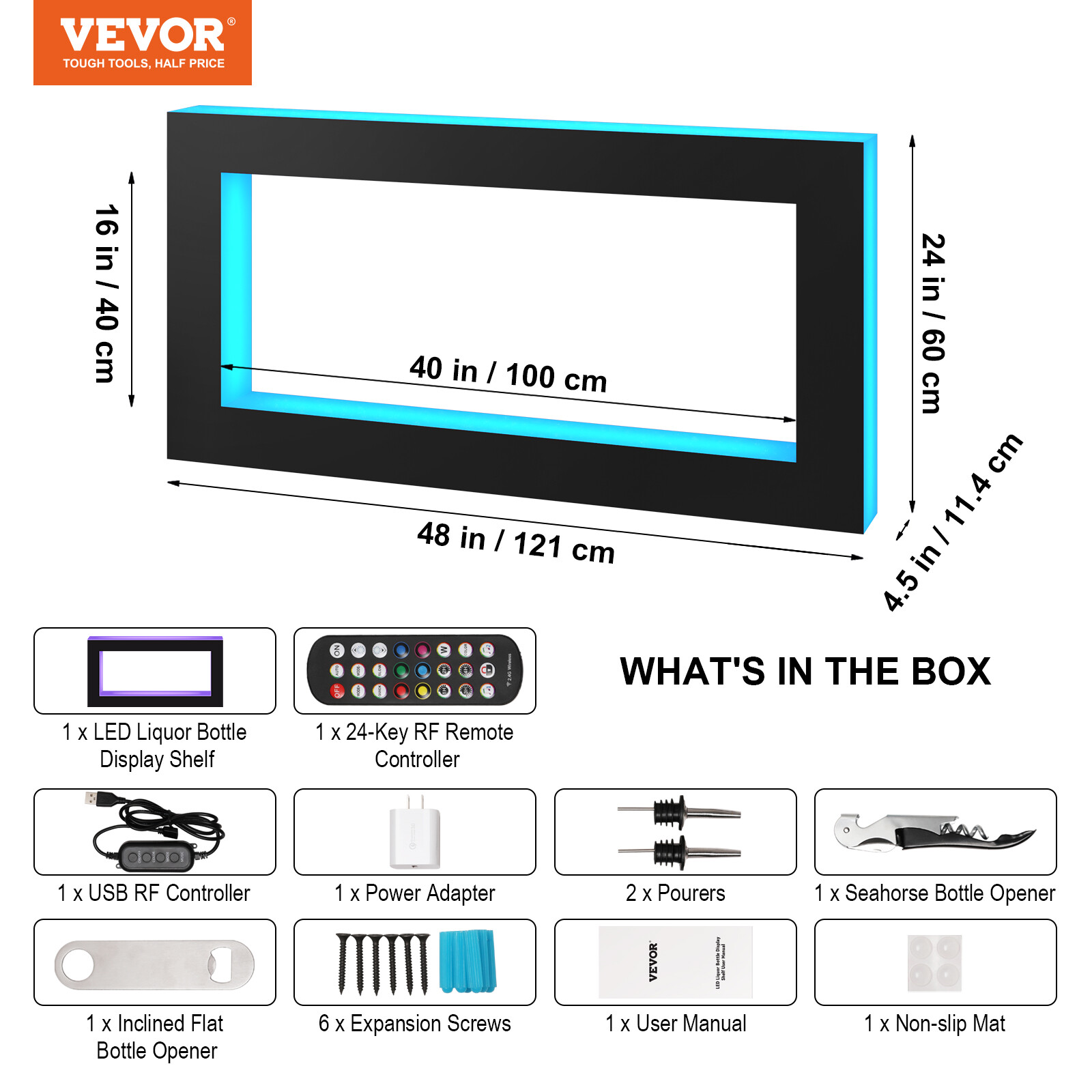 VEVOR LED Lighted Liquor Bottle Display Bar Shelf RF & App Control 48" Square