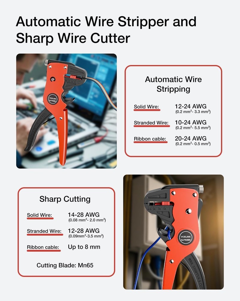 VCELINK Automatic Quickstrip Wire Stripper and Cutter, Professional Black