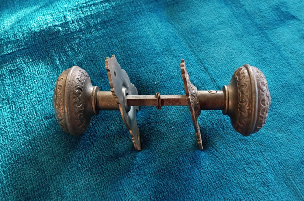 Antique Cast Iron Door Knobs & Back Plates Set .
