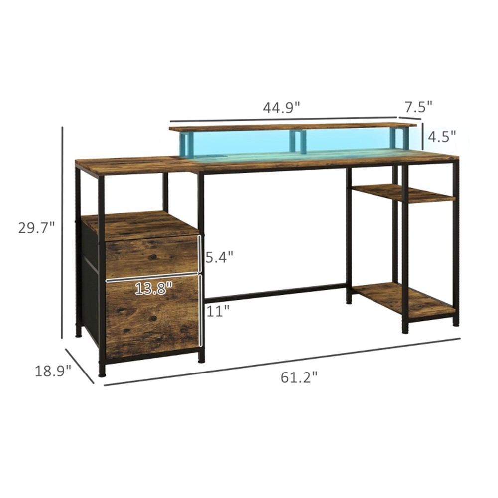 Office Computer Desk with LED Lights -Rustic Brown