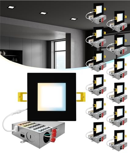 12 Pack 4 Inch Square Ultra-Thin LED Recessed Lighting, Selectable