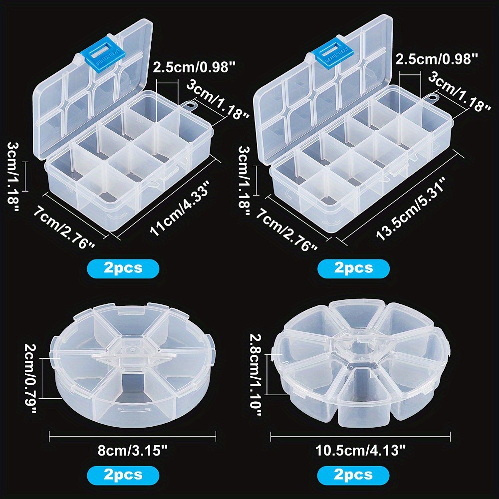 1set 8pcs Plastic Bead Storage Containers Flat Round and Rectangle Clear