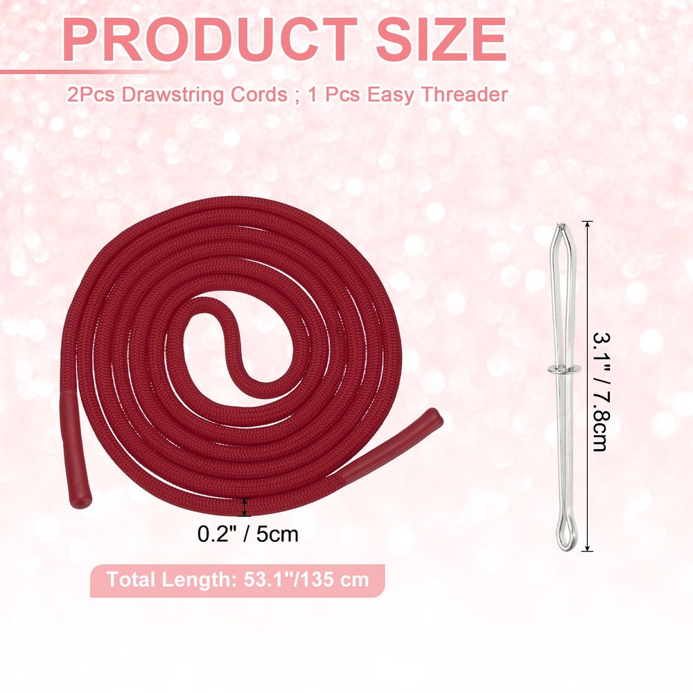 2pcs 53inch Drawstring Cords Hoodie String with Easy Threader, Wine Red
