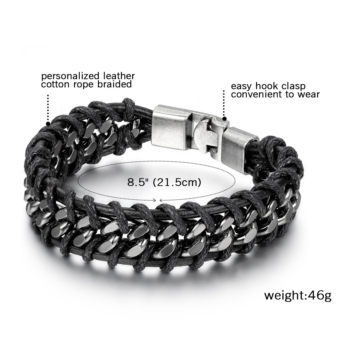 Black Braided Leather Silver Stainless Steel Cuban Chain Men's Bracelet Bangle