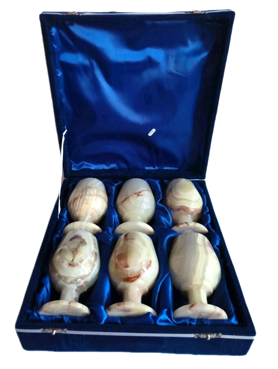 6 Polished Onyx Marble Stemmed Natural Stone 5" Wine Sherry Goblets Chalice Case