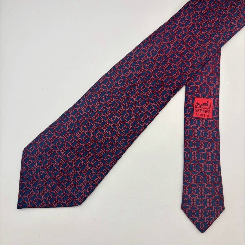HERMES Tie Navy Red Rope Pattern 7670 TA