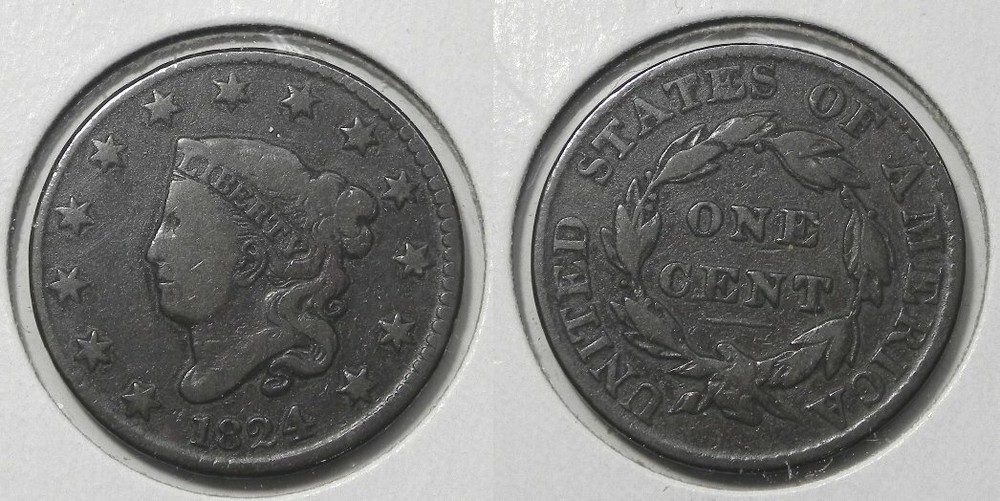 X1200  1824 Coronet Head Large Cent, VG
