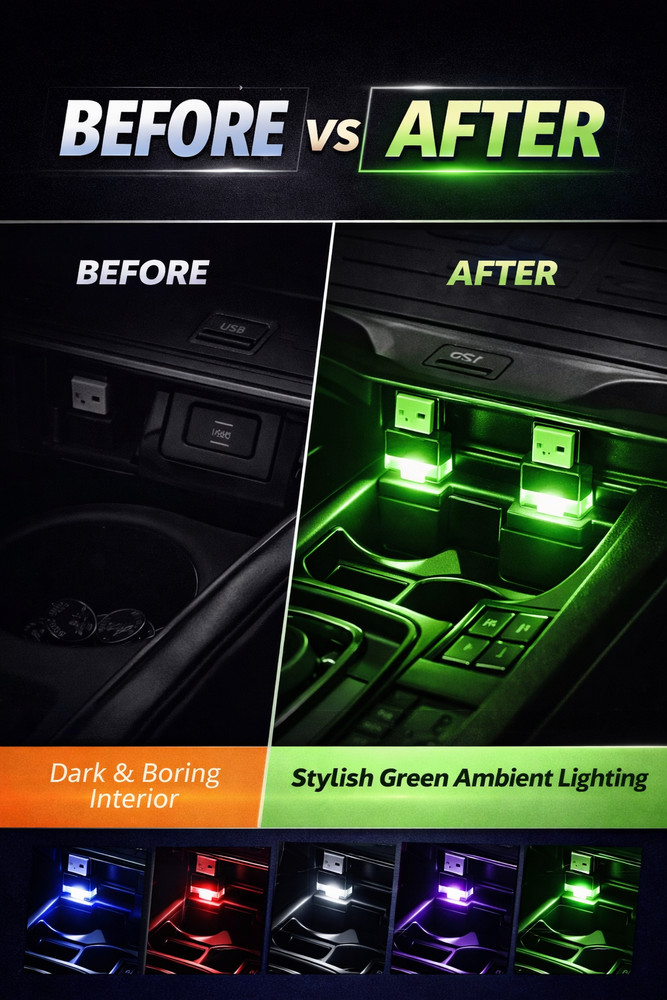 USB Car LED Lights Interior Ambient Mini Plug Play 5 Color Pack Universal