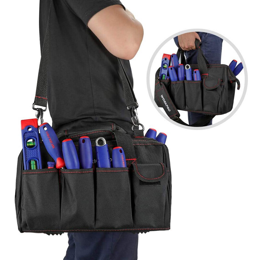 WORKPRO 16"/14"/12" Wide Mouth Tool Bag Black Tool Storage Tote with Rubber Base
