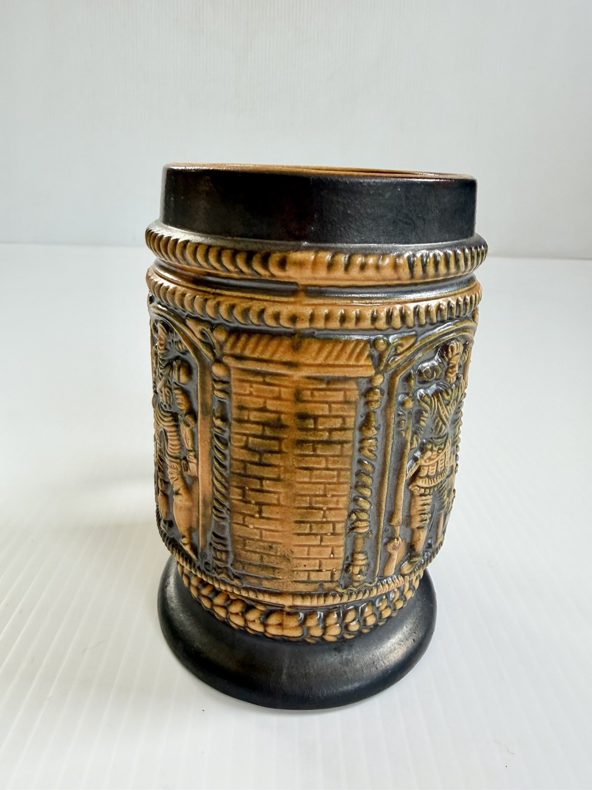 Vintage German Tankard Mug Beer Stein Brown/Orange Medieval Figures In Relief