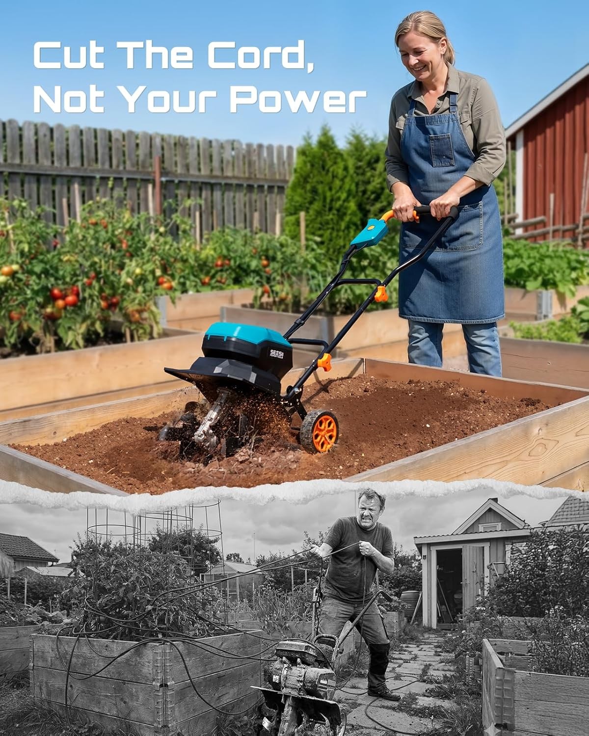 Seesii Cordless Cultivator 40V 12" Width 4x4Steel Tines 2x5000mah Battery Tiller