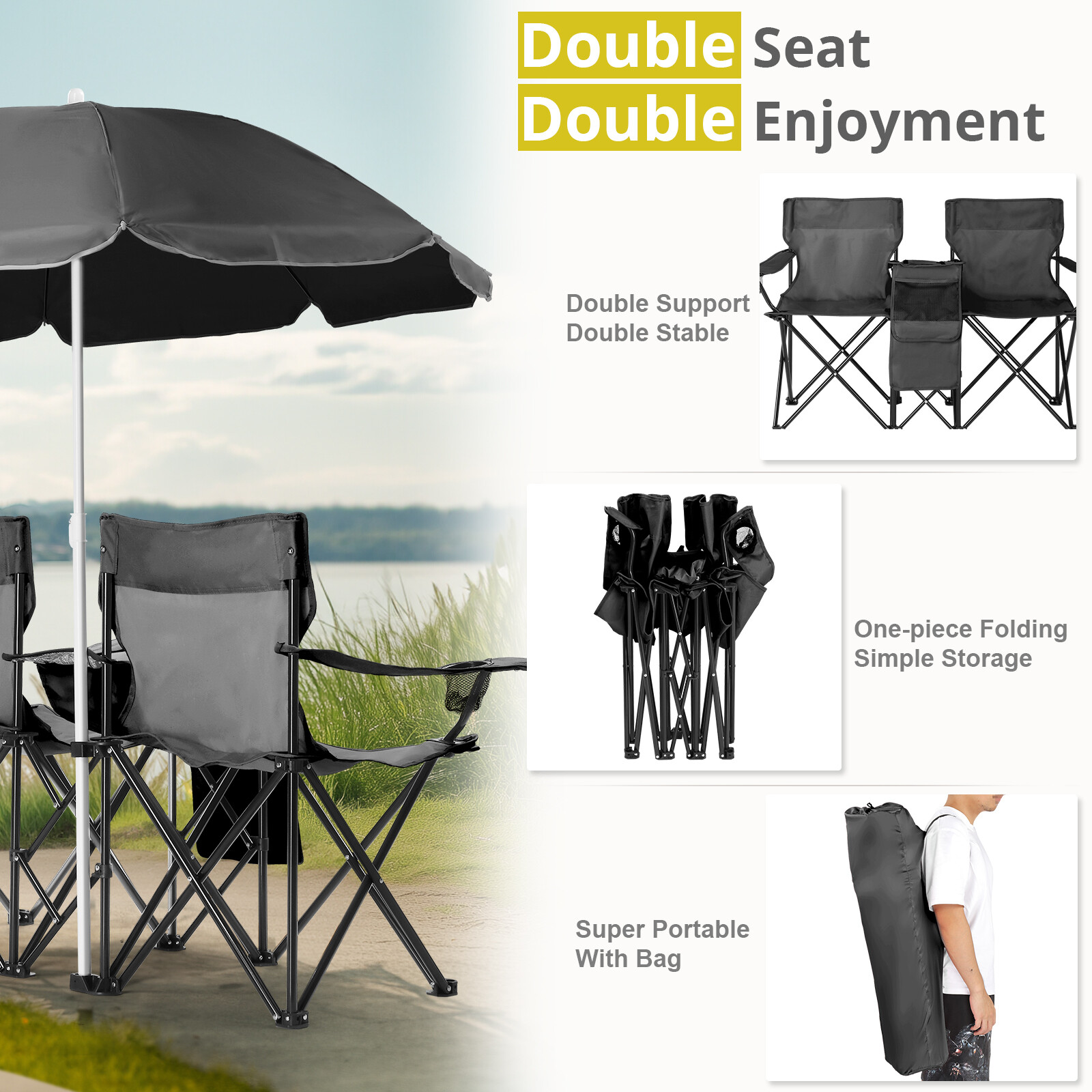 Folding Camping Outdoor Picnic Double Chair with Umbrella Table Cooler Beach New