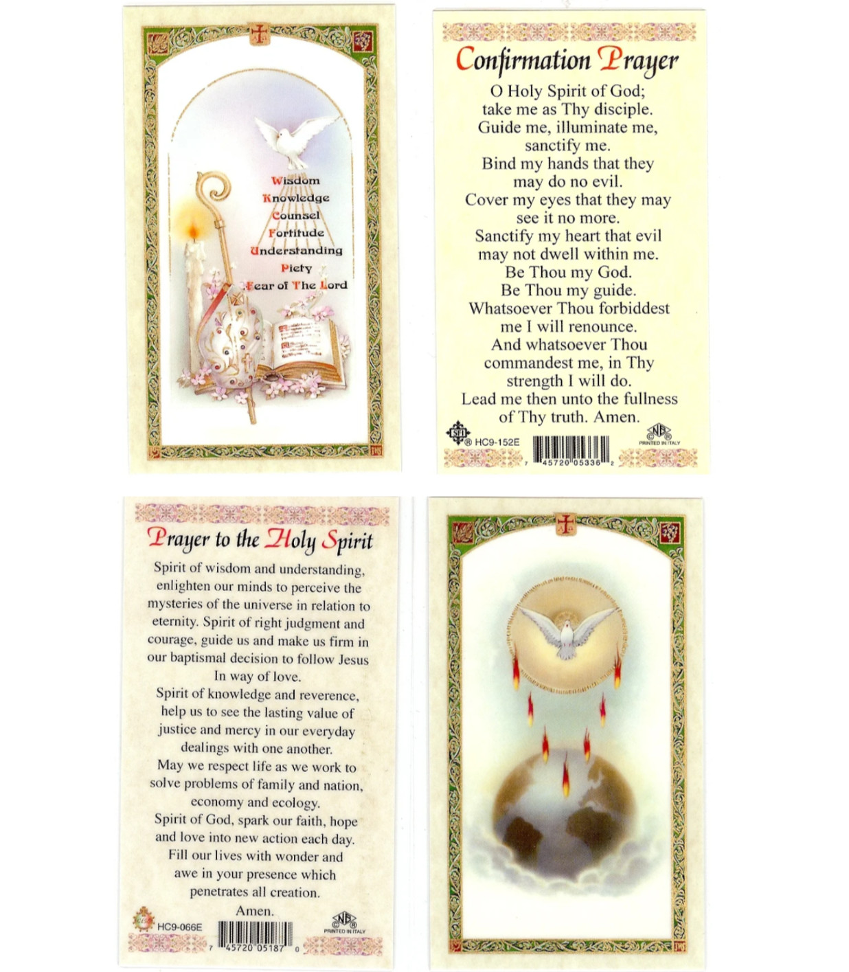 Laminated Confirmation Prayer AND Prayer to the Holy Spirit Card Set Catholic