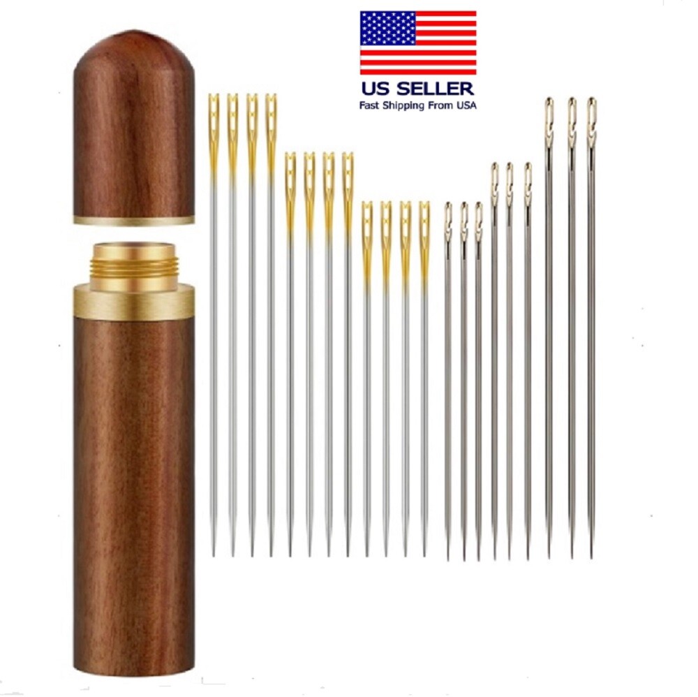 24Pcs Stainless Steel Self-threading Needle Opening Sewing Darning Needle w Case