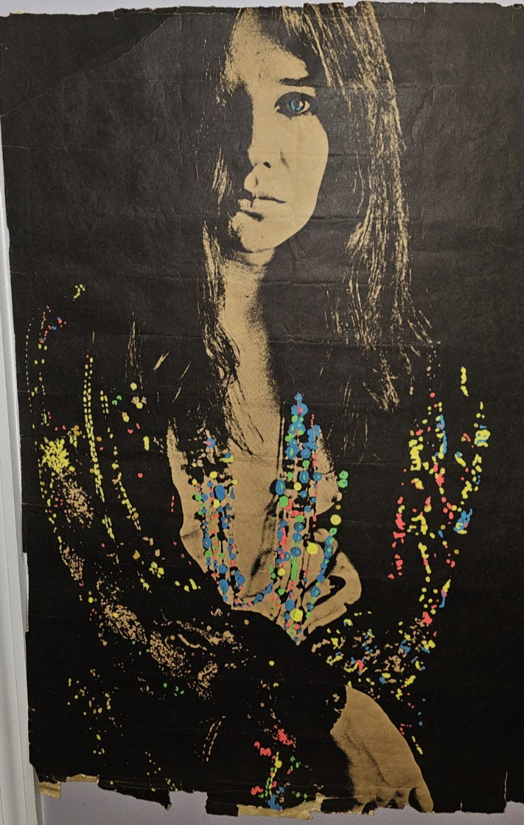 Vintage Janis Joplin Black & White Poster Altered Hand Painted Blacklight Paint