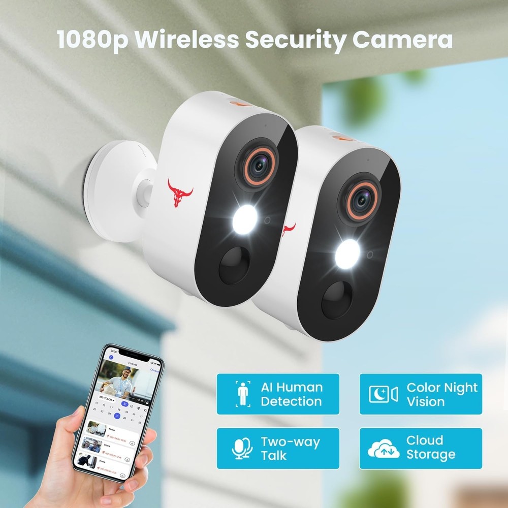 2 Pack Wireless Security Camera System Smart Night Vision Outdoor WiFi Cameras