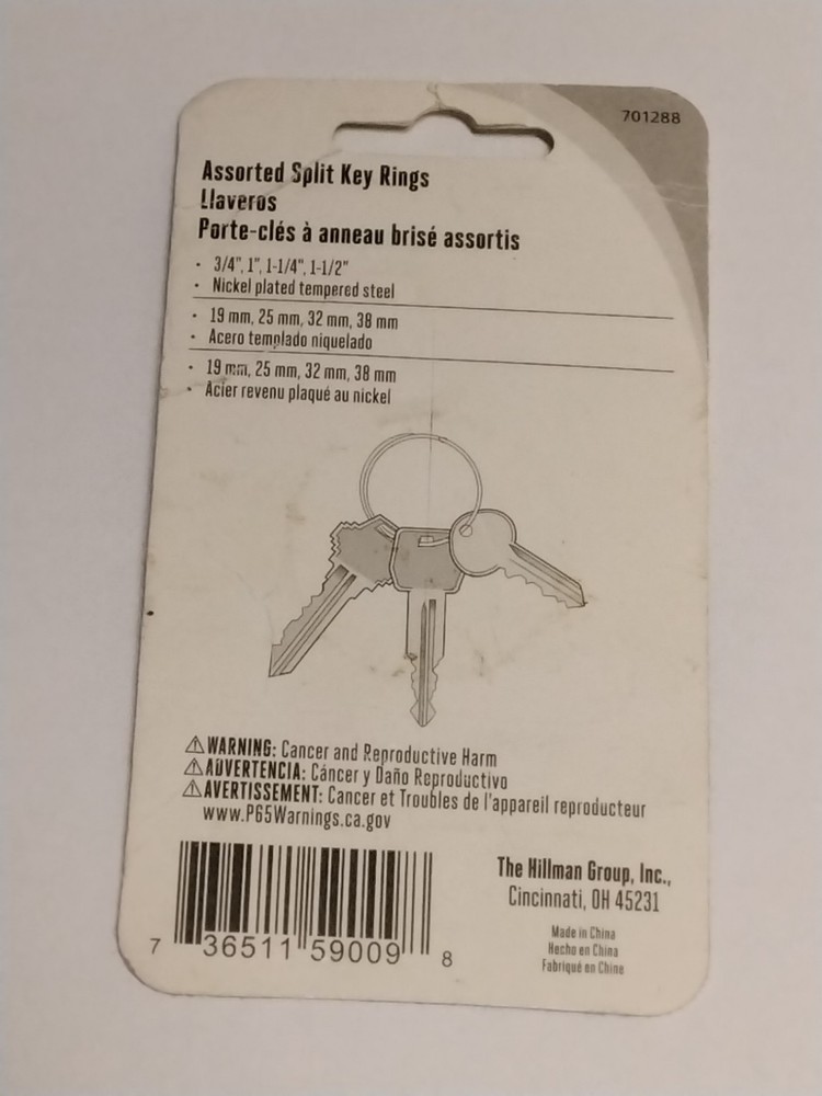 Hillman Assorted Split Key Rings Nickle Plated Steel