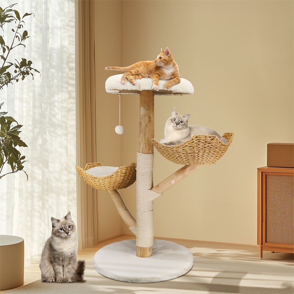 Solid Willow Wood Cat Tree w/ Soft White Bed & Scratching Post for 3 Large Cats