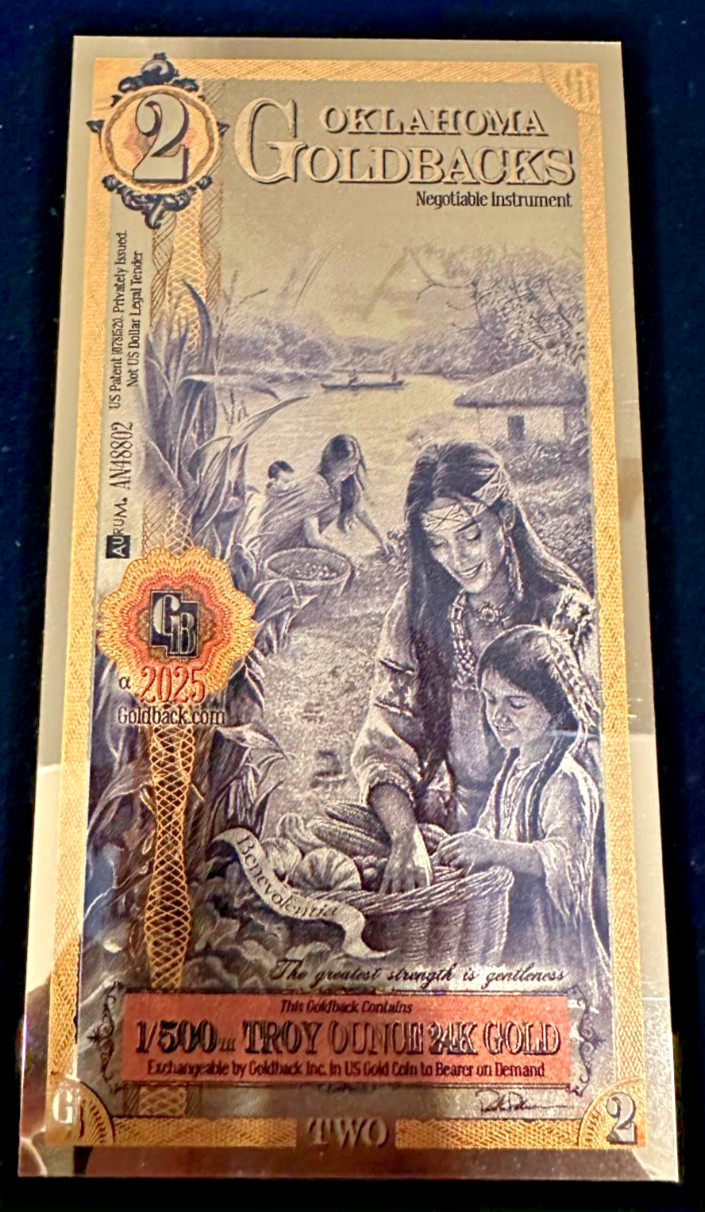 2025 - 2 OKLAHOMA Goldback Aurum Gold Foil Note 1/500 oz 24kt .999 Fine IN STOCK