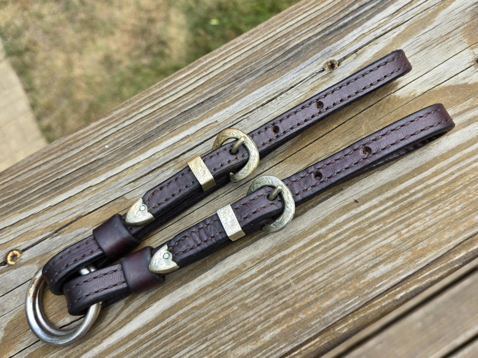 VINTAGE Doubled Stitched Brown Leather MEXICO SILVER Buckle Sets Western Hobbles