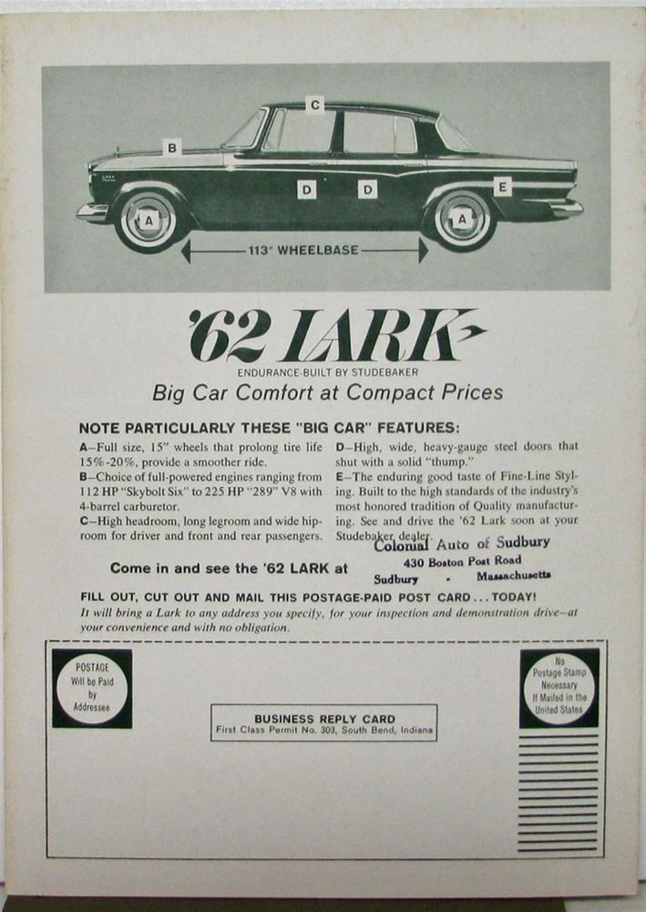 1962 Studebaker Lark Sales Folder Bus Reply Card Test Drive Targeting Doctors