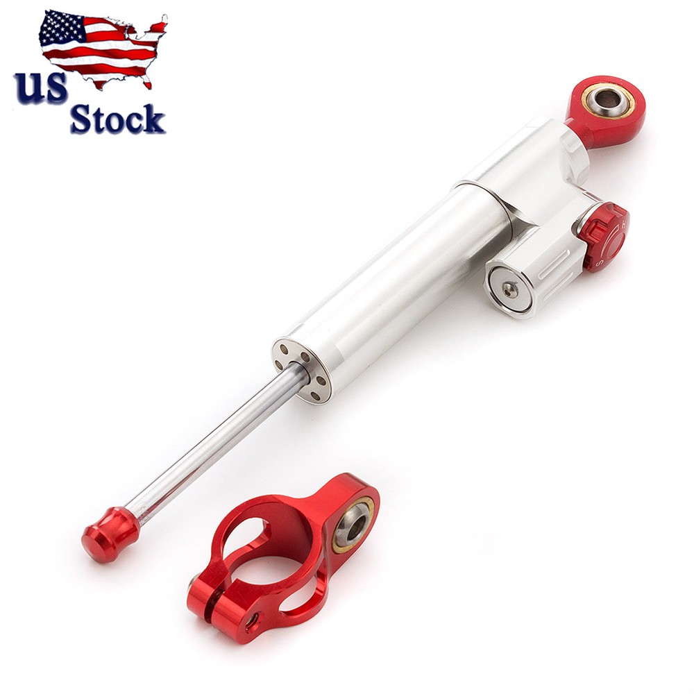 FXCNC CNC Adjustable Steering Damper Stabilizer Universal Motorcycle Silver&Red