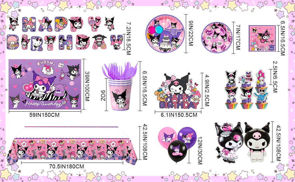 114 Pcs Kuromi Party Decorations Sanrio Birthday Party Plates Balloons Backdrop