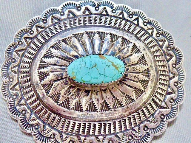 EARLY HAND STAMPED SIGNED NAVAJO STERLING SILVER SPIDER WEB TURQUOISE CONCHO