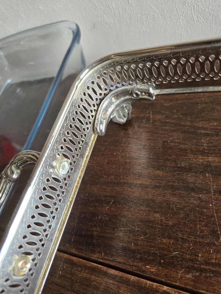 VTG Silver Plated Square Footed Buffet Casserole Dish Holder W/Lid & Glass Pan