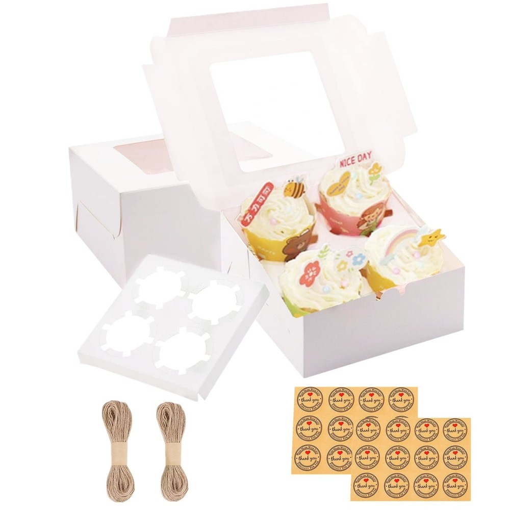White Cupcake Boxes 6x6x3 Inch Window Inserts 4 Count Container 24 PCS