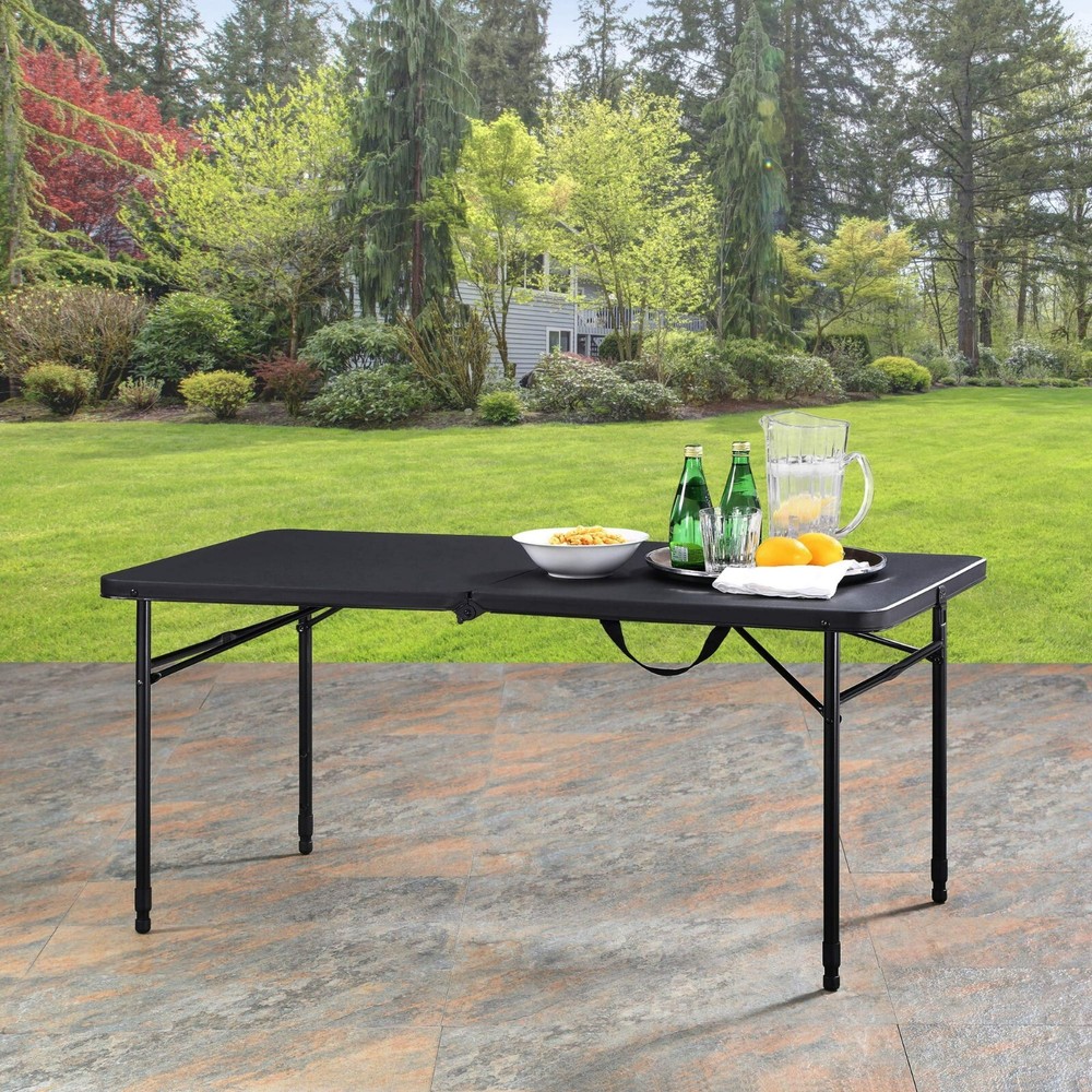 Mainstays 4 Foot Fold-in-Half Adjustable Folding Table, Rich Black, New.