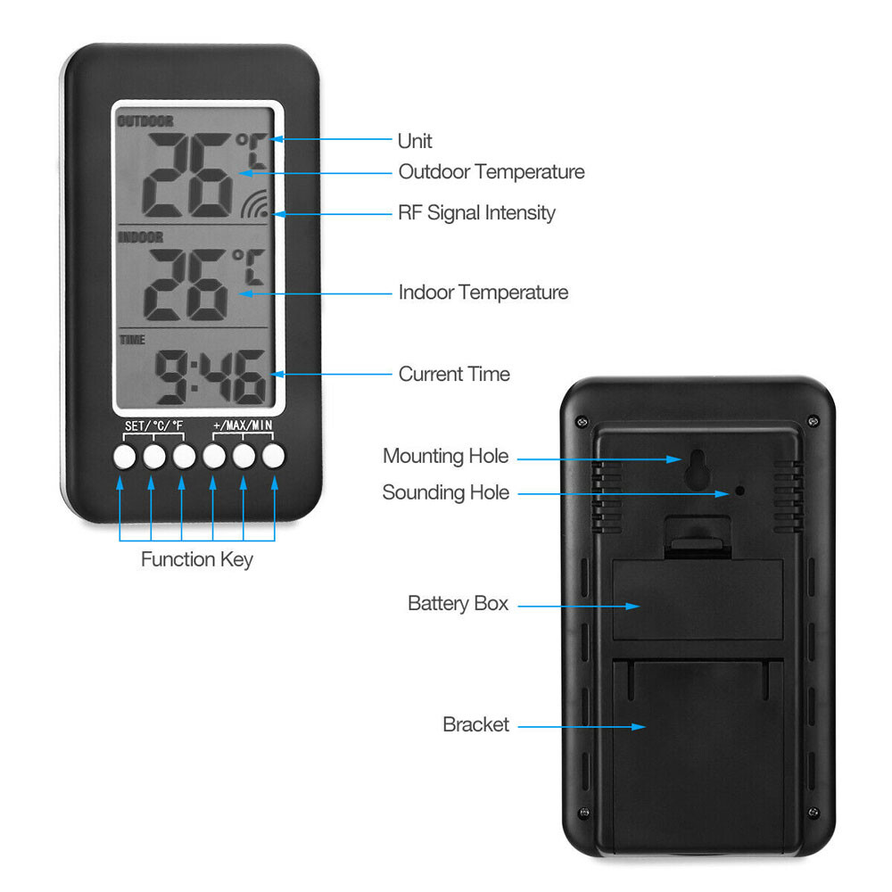 Digital Thermometer Clock Temperature Wireless Transmitter Meter Indoor/Outdoor