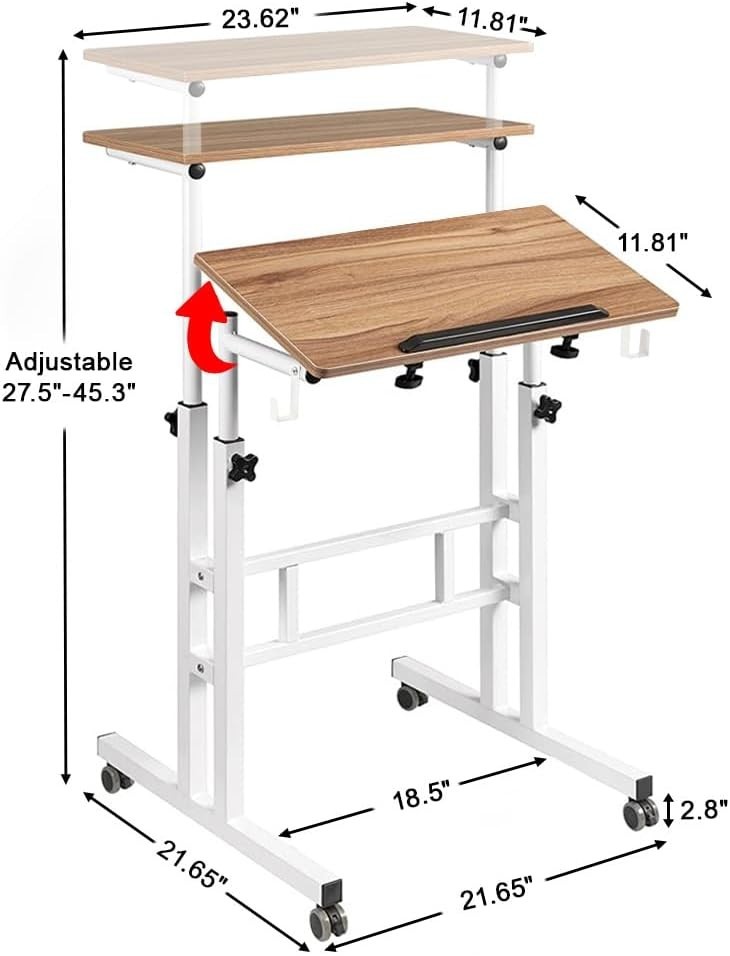 Compact Rolling Computer Desk - Ergonomic Height Adjustable in Vintage Oak