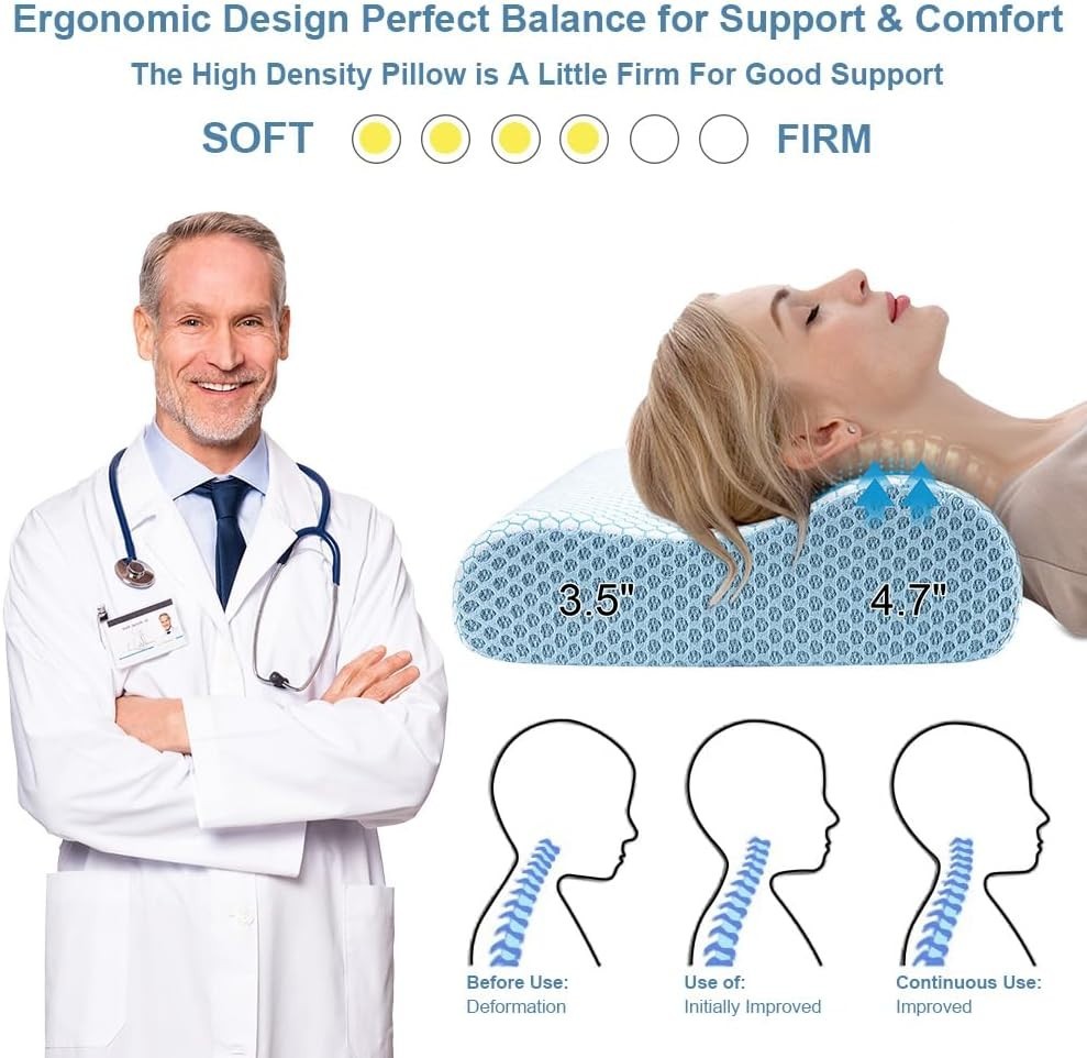 Ergonomic Memory Foam Pillow - Cervical Support for Side, Back & Stomach Slee...