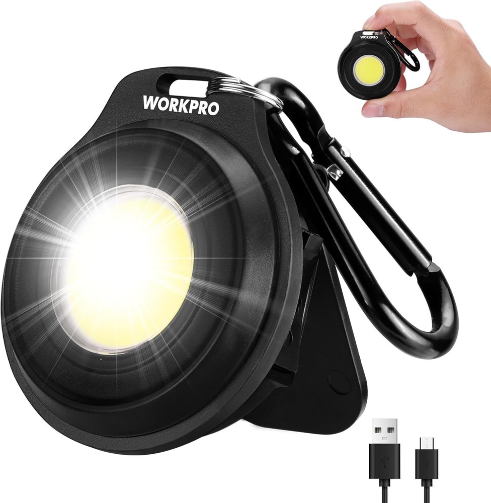 WORKPRO Rechargeable Magnetic Mini COB Work Light Keychain Flashlight w/Hat Clip