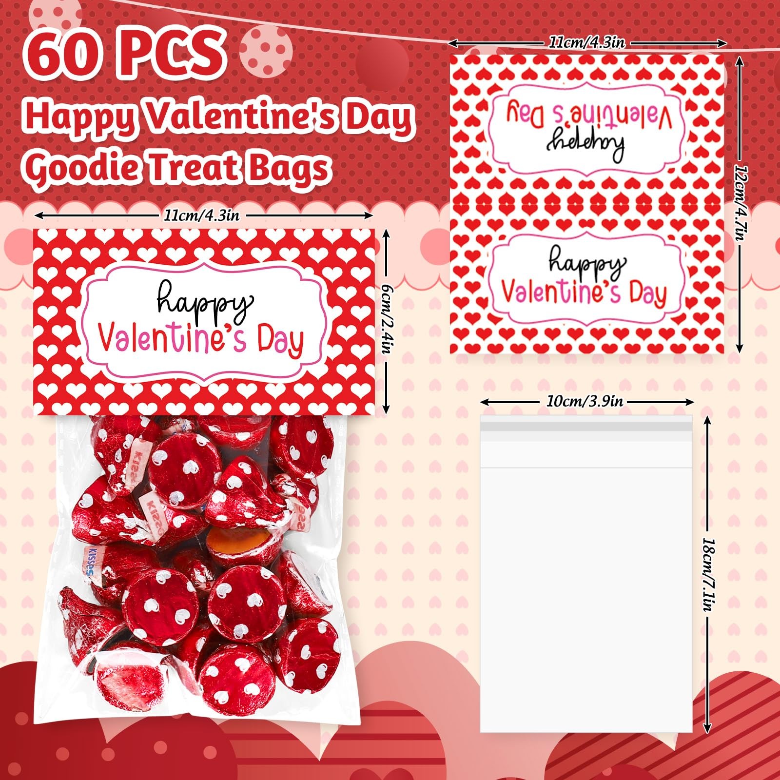 60 Set Valentine's Day Self-Adhesive Goodie Bags Candy Cello Bag with Topper Red