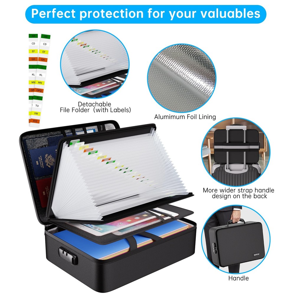 Fireproof Document Box with Lock,5200℉ Soft Case Fireproof Box with 25 Pocket...