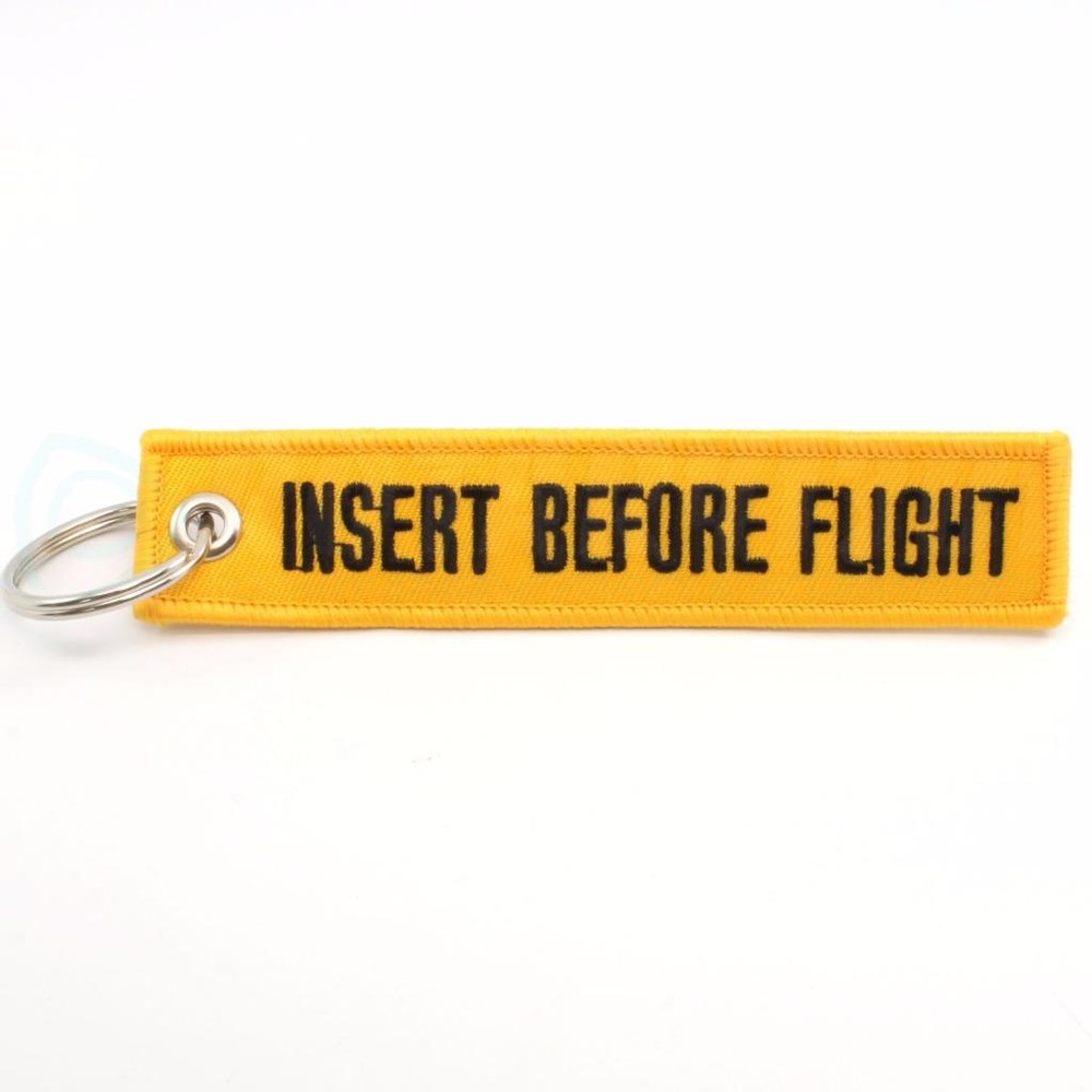INSERT BEFORE FLIGHT QTY= 1 PC YELLOW/black KEYCHAIN RING TAGS CABIN CREW PILOT