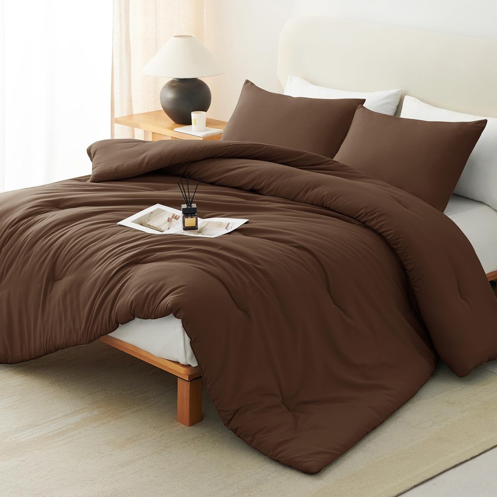 Queen Comforter Set Brown, 3 Pieces Solid Comforters Queen Size Breathable Qu...