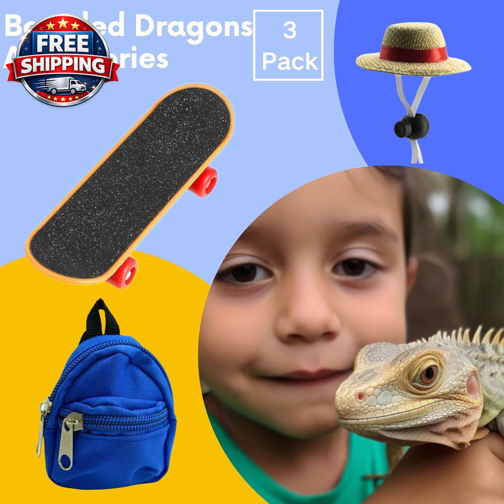 3 Pack Lizard Accessories: Backpack, Hat & Skateboard for Small Pets